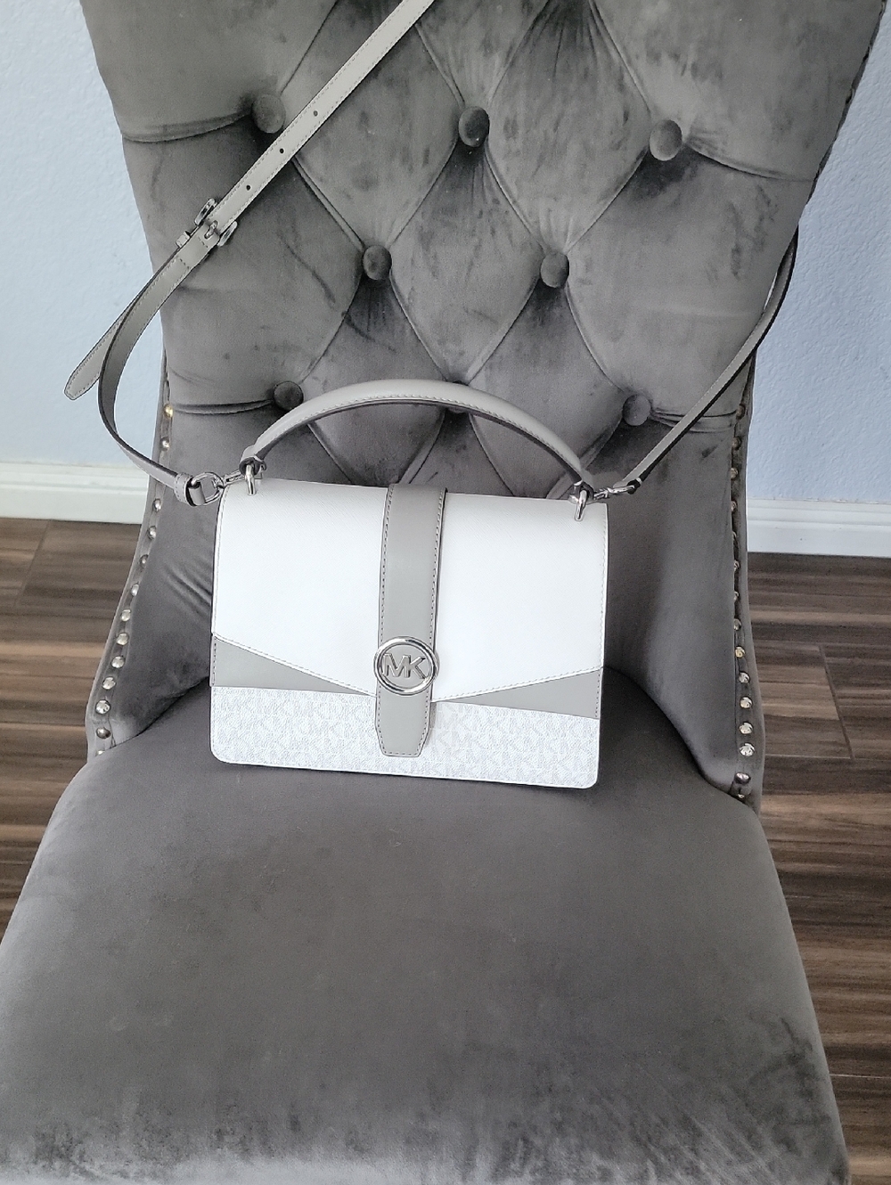 Michael Kors White and Light Gray Leather Crossbody Satchel